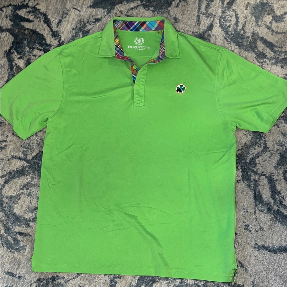 Bugatchi Green Polo with Multicolor Plaid Collar